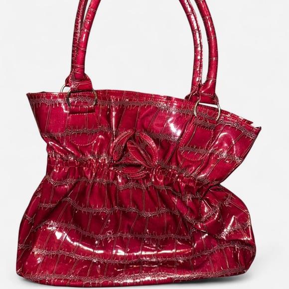 None Handbags - Croc Style Patent Tote with Rose accent